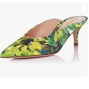 YDN Yellow-Green Floral Pointed Kitten Heel Mules
